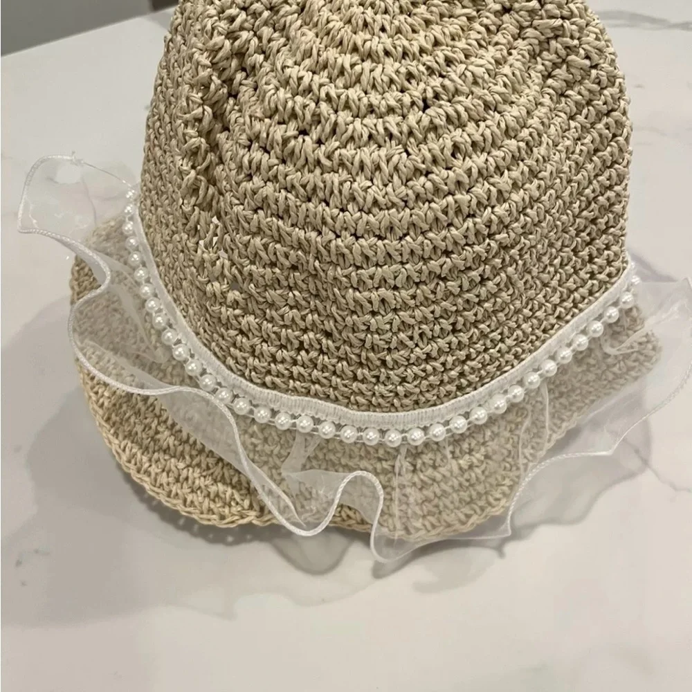 Beige Straw Hat with Pearl Trim